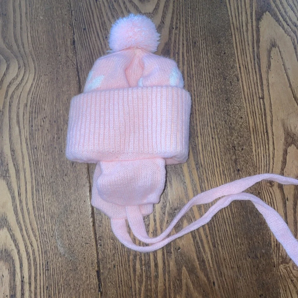 vintage winter hat with tie and earflaps pink with rabbits‎ & tulips 0-3 month